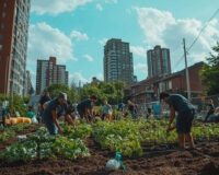 Volunteers tending crops in a community garden among city buildings
