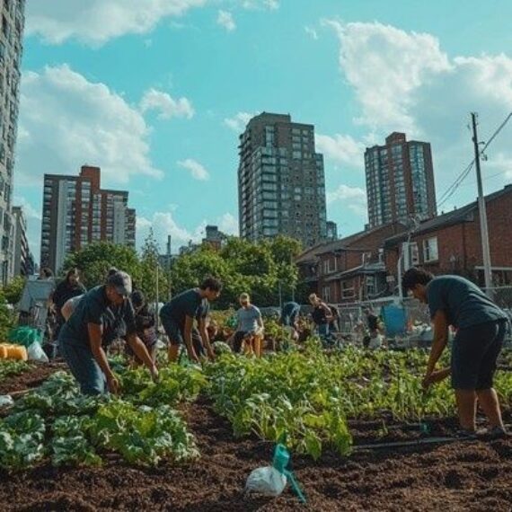 Volunteers tending crops in a community garden among city buildings