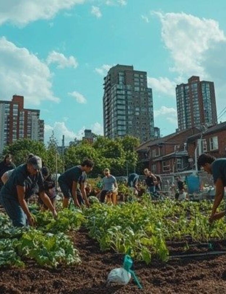 Volunteers tending crops in a community garden among city buildings