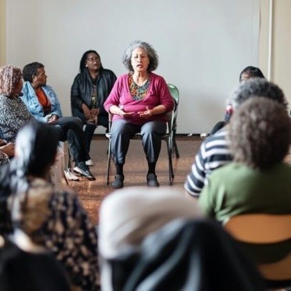 Diverse group seated in a circle during a community discussion