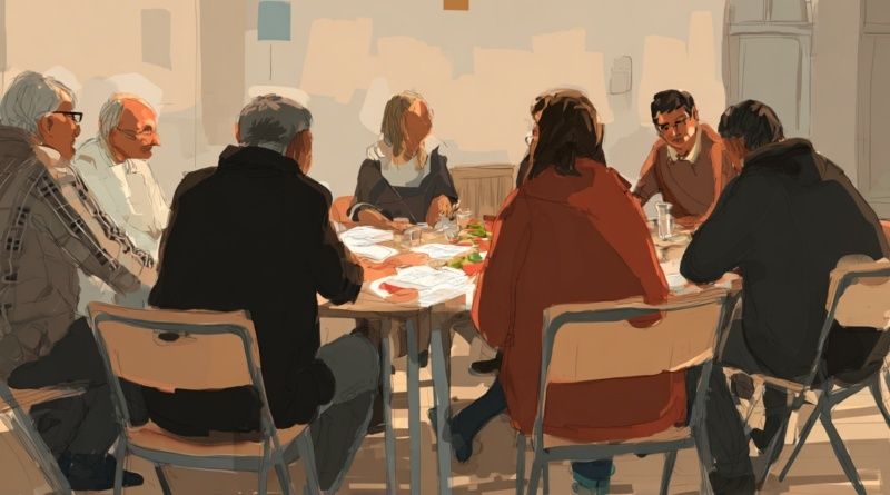 Diverse group discussing papers around a table in a civic meeting